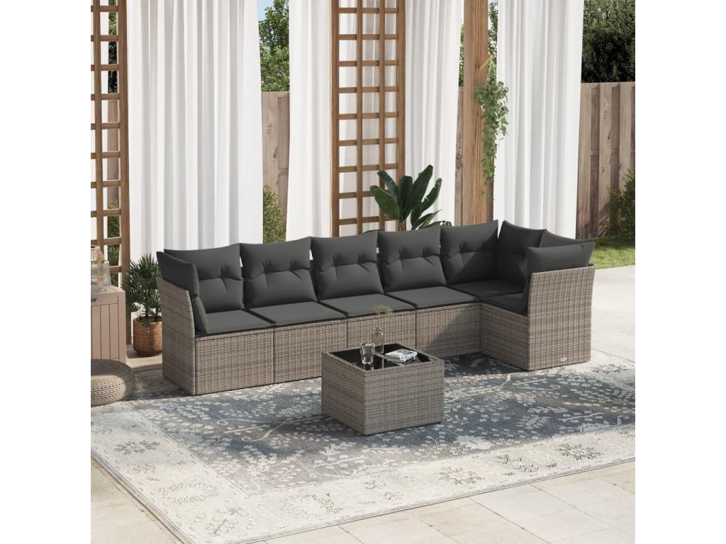 Salon de jardin avec coussins 7 pcs gris résine tressée VFBO64919