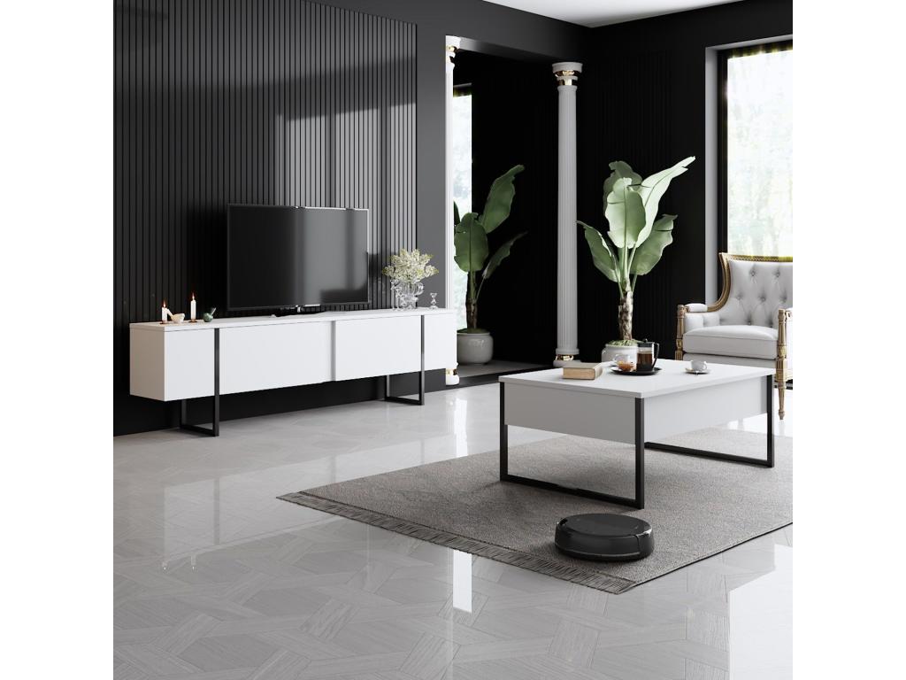 Meuble TV design 2 portes basculantes Artigeo L180xH50cm Métal Noir et Bois Blanc WFGM18860