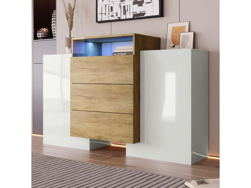 Buffet bas avec LED - 2 portes 3 tiroirs - naturel / blanc WSTY69222
