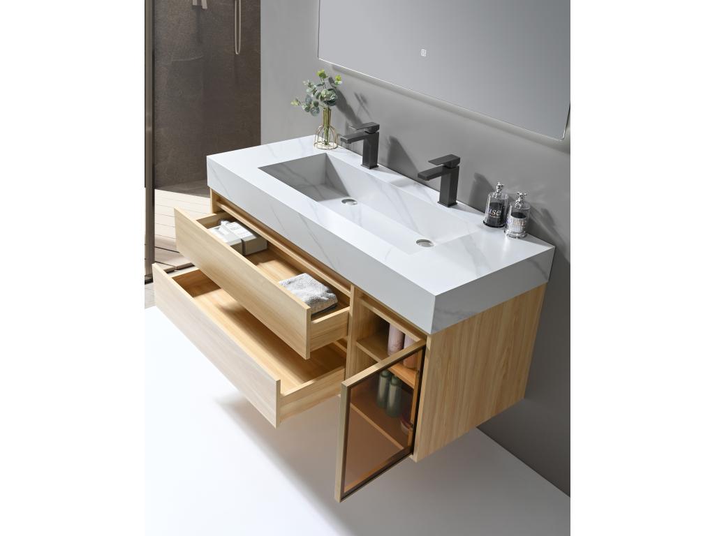Cosymeub- Meuble de salle de bain double vasque 120cm bois et blanc effet marbre avec miroir LED LB-8512 AGUF08363