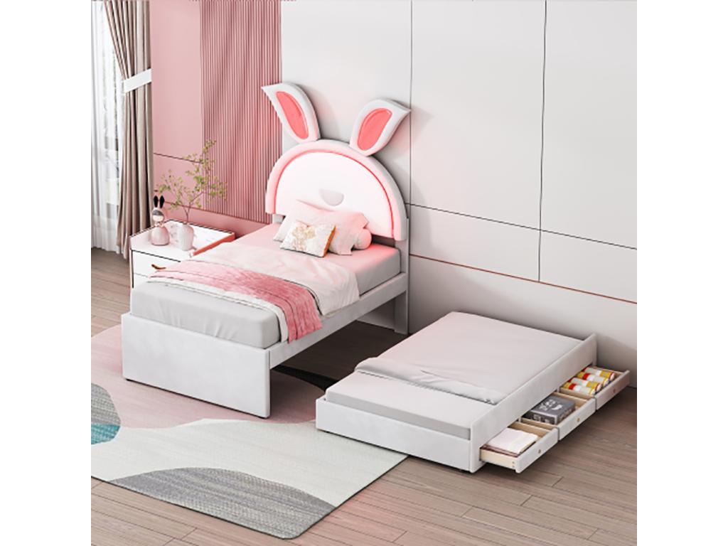 Lit gigogne enfant 90x200 cm velours canapé-lit avec lit gigogne tiroir de rangement et Artigeoère LED beige ZSGK65428