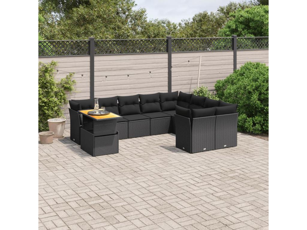 Salon de jardin 10 pièces avec coussins noir résine tressée WCTT49668