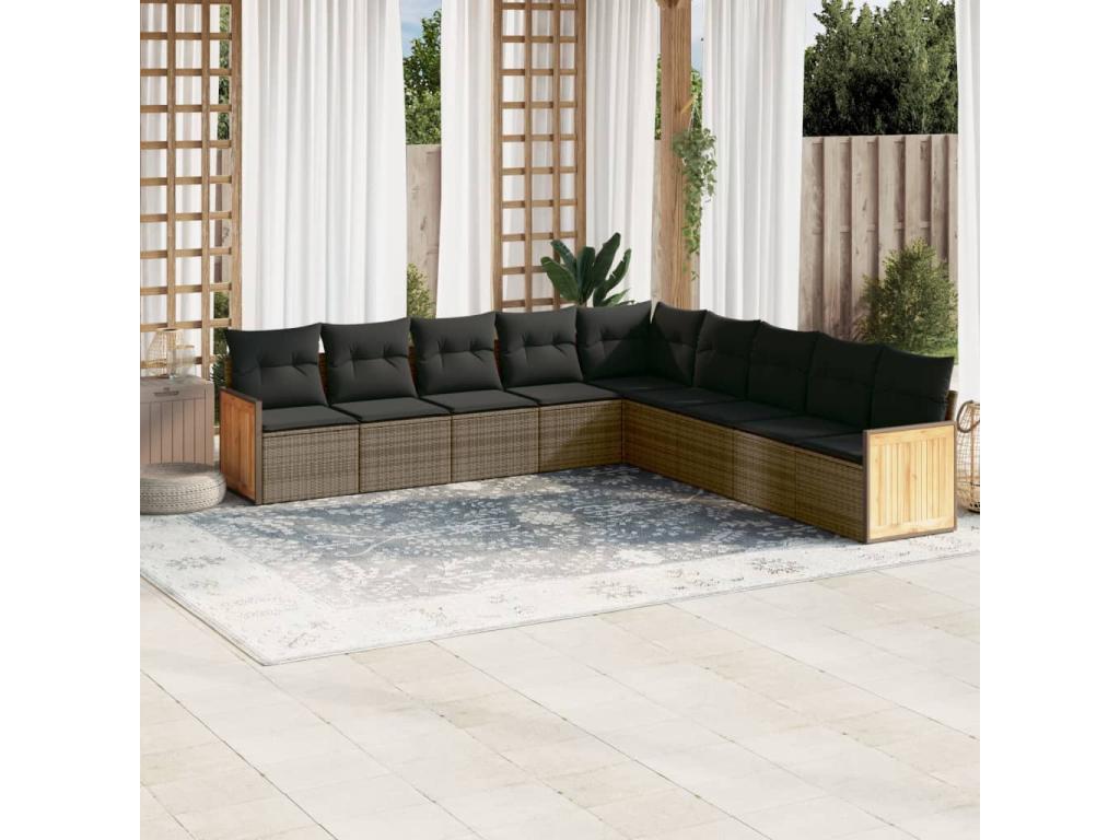 Salon de jardin 9 pcs avec coussins gris résine tressée HNOY43376