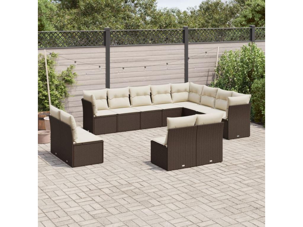 Salon de jardin avec coussins 12 pcs marron résine tressée GDSA59195