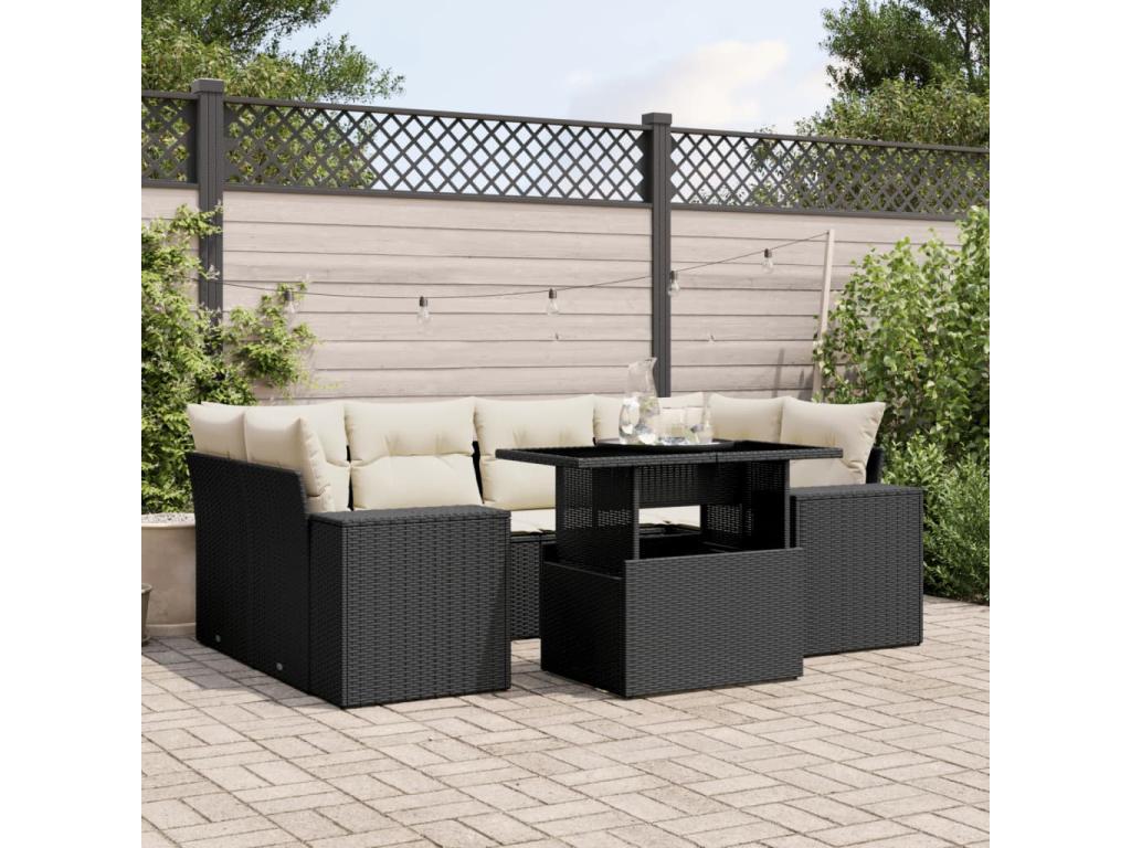 Salon de jardin 7 pcs avec coussins noir résine tressée QIQS97642