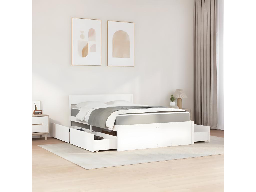 Lit avec tiroirs et matelas blanc 140x190 cm bois massif de pin STLQ78919