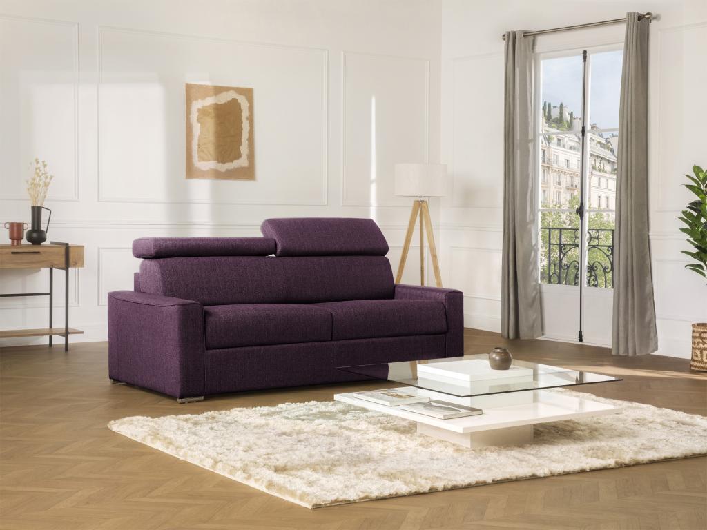 Canapé 2 places convertible express en tissu violet - couchage 120 cm - Matelas 18 cm avec mémoire de forme Artigeo RITV85413