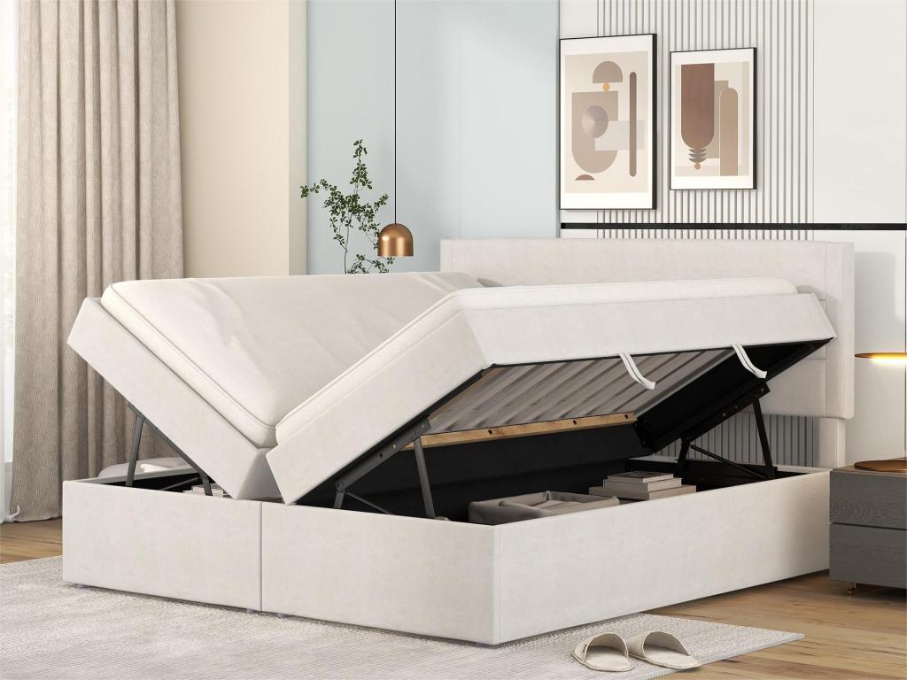 Lit coffre 140x200 cm avec tête de lit - tissu - coloris beige - ouvrant deux côtés UOLM99072
