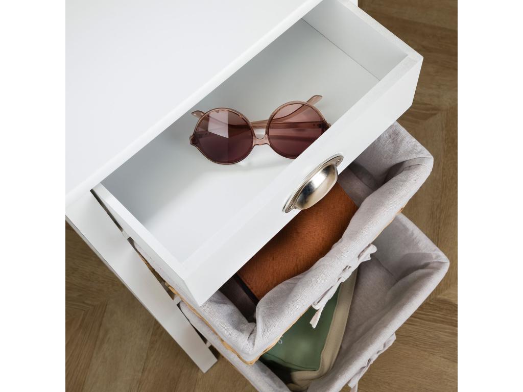 Table de chevet Artigeo table de nuit en bois lasuré blanc avec 1 tiroir et 2 paniers en fibre naturelle et insert en tissu blanc DLNV65649