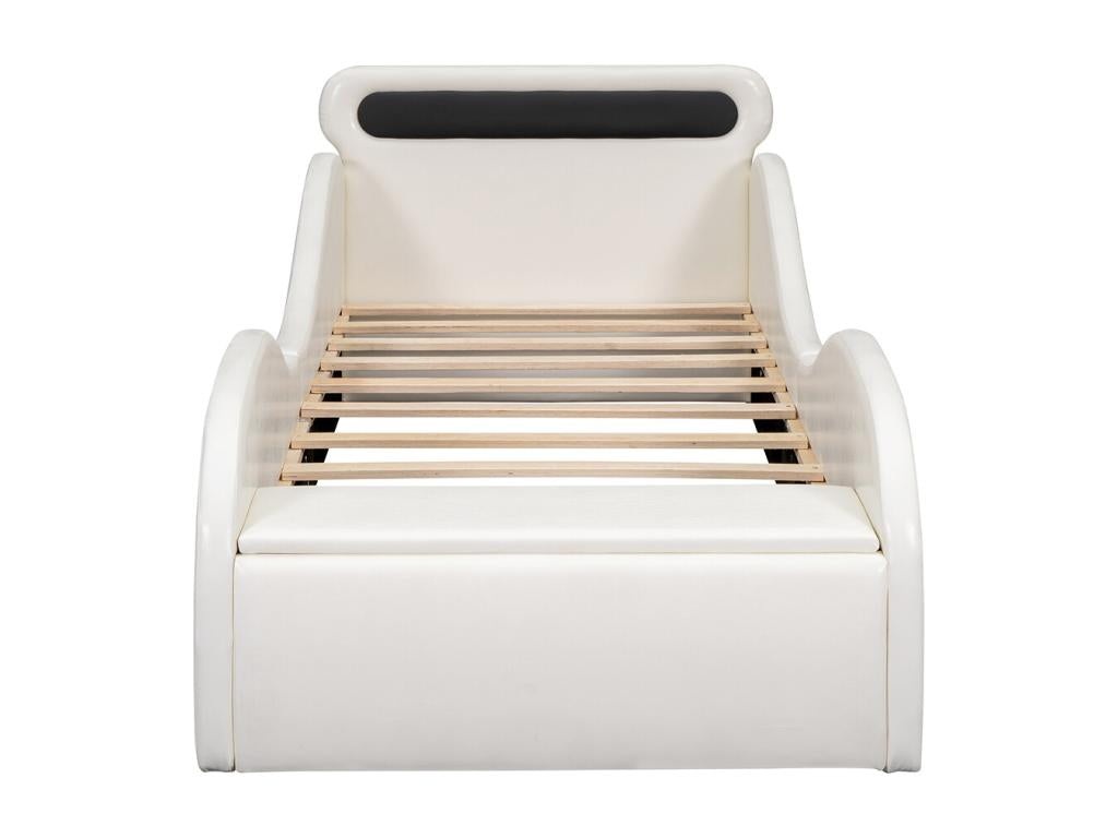 Lit rembourré 90x200 cm lit d'enfant forme voiture avec roues éclairées et espace de rangement PU blanc YFGD53036