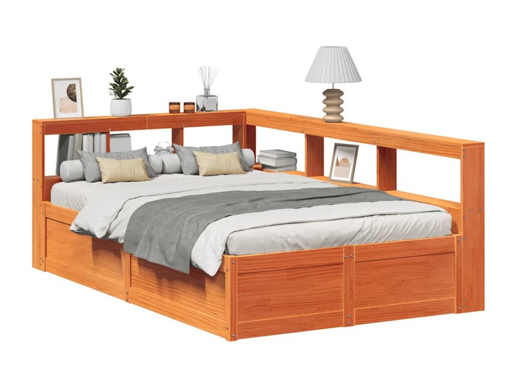 Lit bibliothèque sans matelas cire marron 135x190 cm pin massif QQBU26957