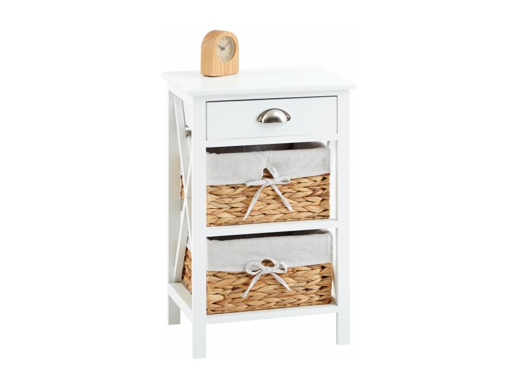Table de chevet Artigeo table de nuit en bois lasuré blanc avec 1 tiroir et 2 paniers en fibre naturelle et insert en tissu blanc DLNV65649