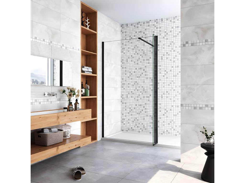 Paroi de douche à l'italienne avec retour pivotant 130 30x200cm avec barre de fixation 90cm récupérable - Noir Mat - 8mm verre anticalcaire VXZS08311