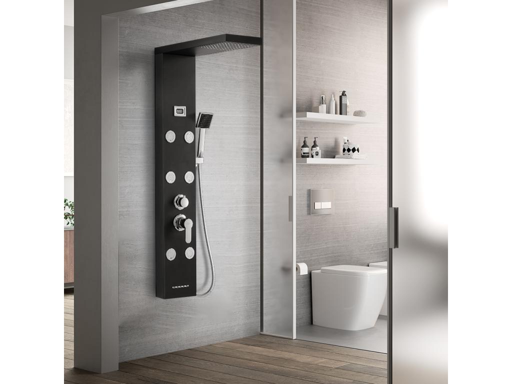 Panneau Colonne de Douche Hydromassante Noir Panneau Douche Artigeo en Acier Inox avec 6 Grandes Buses Massants Ensemble Douche avec Écran LCD-EU Modèle ECYN32748