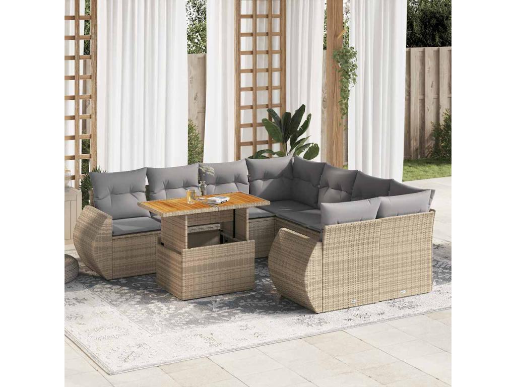 Salon de jardin avec coussins 9 pièces beige résine tressée ASQE99201