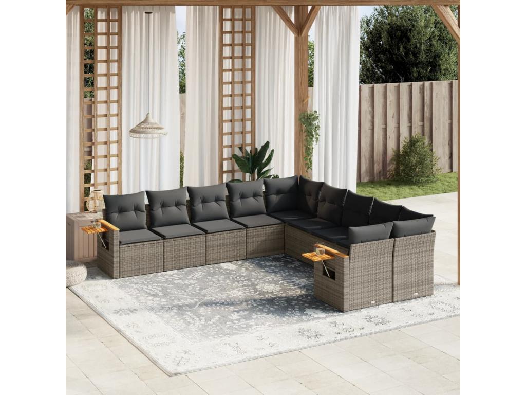 Salon de jardin avec coussins 10 pcs gris résine tressée JFRI67016