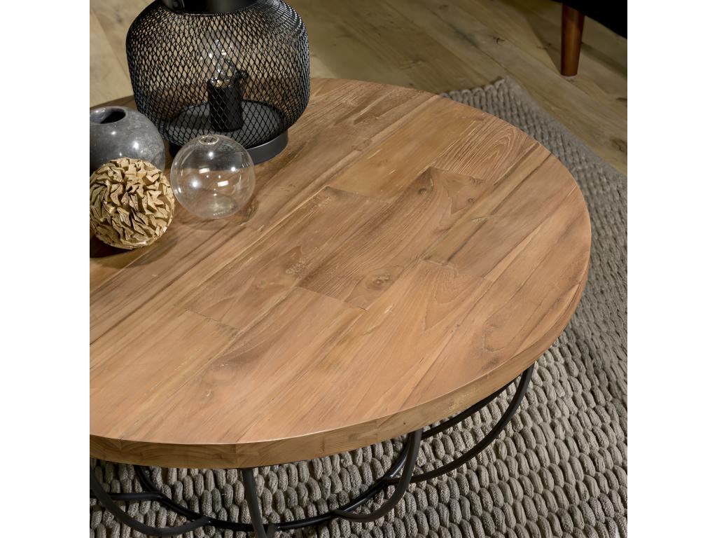 Artigeo - Table basse coque ronde 80x80cm plateau teck recyclé piétement métal noir UIYV49630