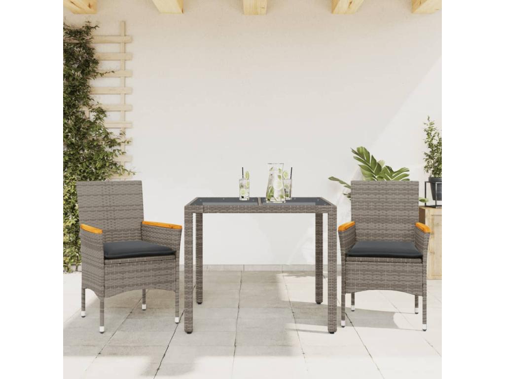Ensemble à manger de jardin et coussins 3 pcs gris rotin verre VZXF03671