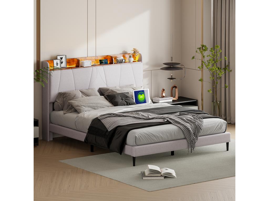 Lit rembourré adulte 140x200cm avec Éclairage LEDsommier à Artigeo tissu en lin beige UCND21569