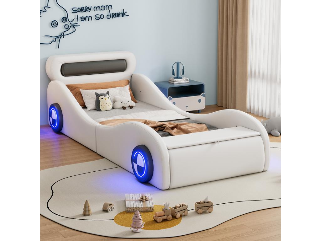 Lit rembourré 90x200 cm lit d'enfant forme voiture avec roues éclairées et espace de rangement PU blanc YFGD53036