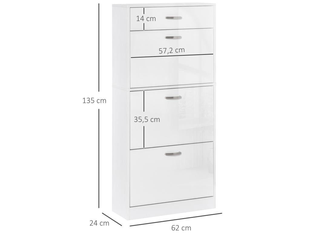 Meuble à chaussures - 3 portes abattantes et tiroir coulissant - dim- 62L x 24l x 135H cm - poignées alu- panneaux particules blanc DQRU69147