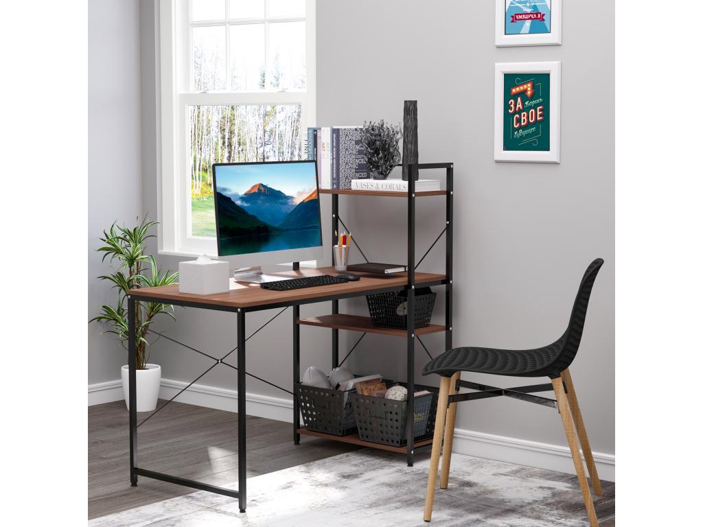 Bureau informatique design industriel avec bibliothèque 3 étagères panneaux particules aspect noyer métal noir MPOX00536