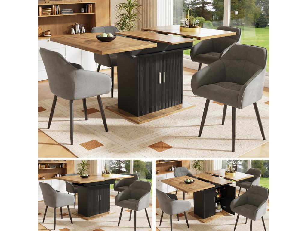Ensemble table extensible avec 2 portes 4 chaises en velours gris - 110/140x70x76 cm - Bois MDF - Naturel et noir SVTK19298