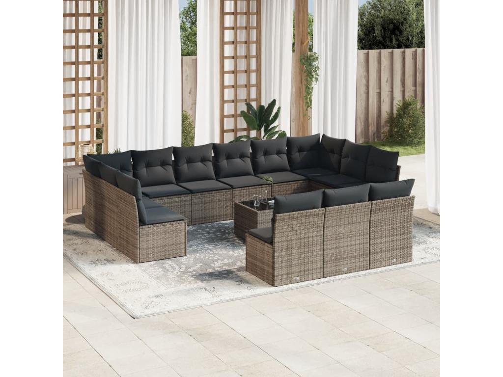 Salon de jardin avec coussins 14 pcs gris résine tressée QVLU98093