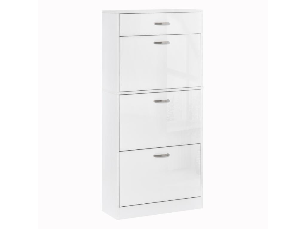 Meuble à chaussures - 3 portes abattantes et tiroir coulissant - dim- 62L x 24l x 135H cm - poignées alu- panneaux particules blanc DQRU69147