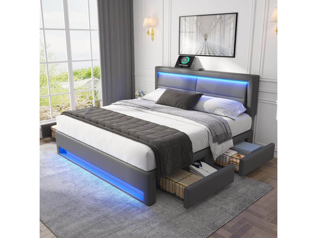 Lit capitonné 140x190 cm avec 4 tiroirs et tête de lit - port USB LEDs - Cuir PU - Gris sans matelas IXQV69734