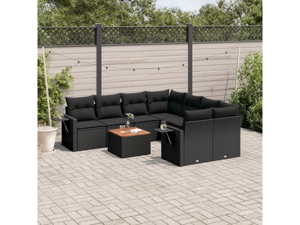 Salon de jardin 9 pcs avec coussins noir résine tressée WIUY68815