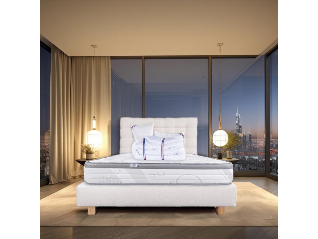 Ensemble Matelas Relaxation 26 cm ressorts ensachés ferme face été/hiver sommier beige ep20cm oreiller couette Tête de Lit 160x200cm DIJO47439