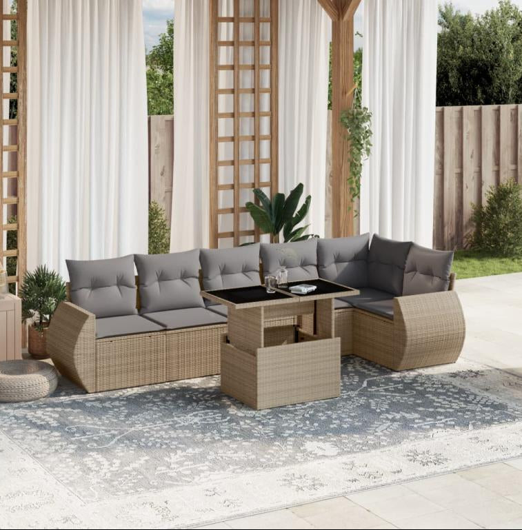 Salon de jardin avec coussins 7 pcs beige résine tressée IVRG96997