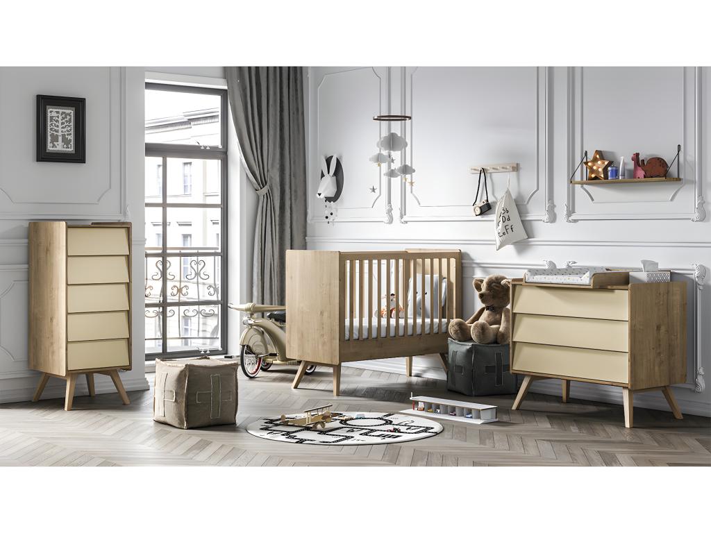 Lit bébé et Chiffonnier Vintage Bois Beige GOKT73770