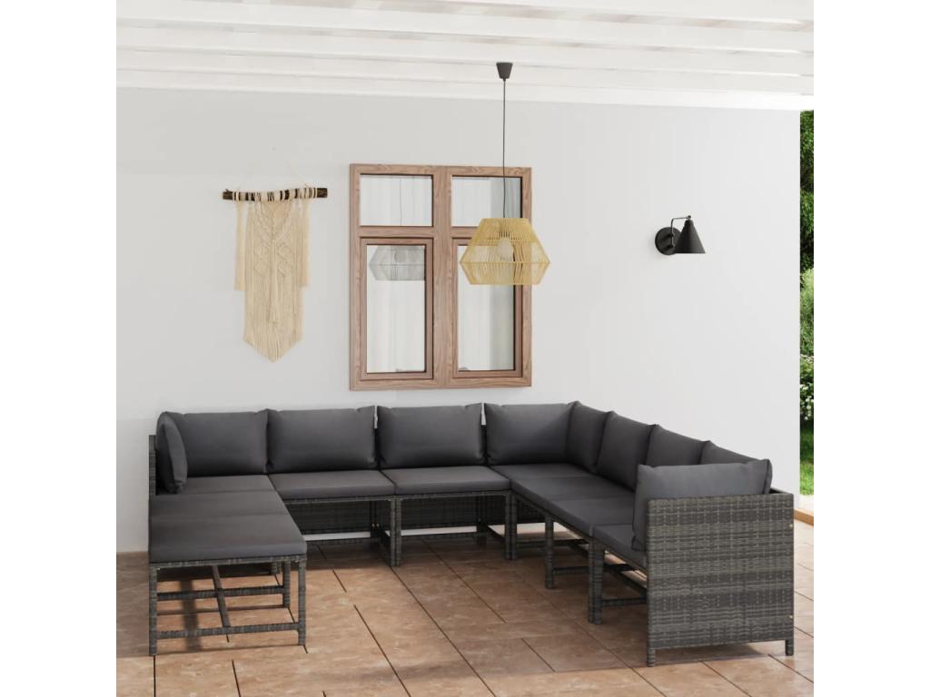 Salon de jardin 9 pcs avec coussins Résine tressée Gris TBFP15540