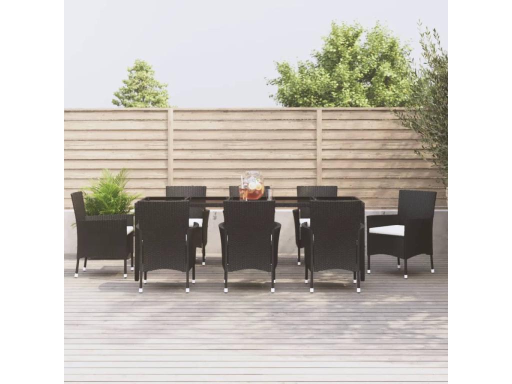 Ensemble à manger jardin 9pcs et coussins noir résine tressée SYHL70539
