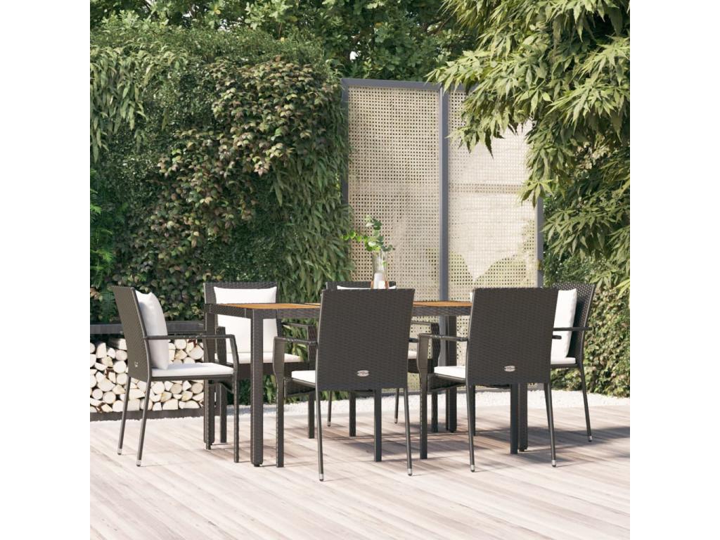 Ensemble à dîner de jardin et coussins 7 pièces Noir Résine tressée KUTM88274