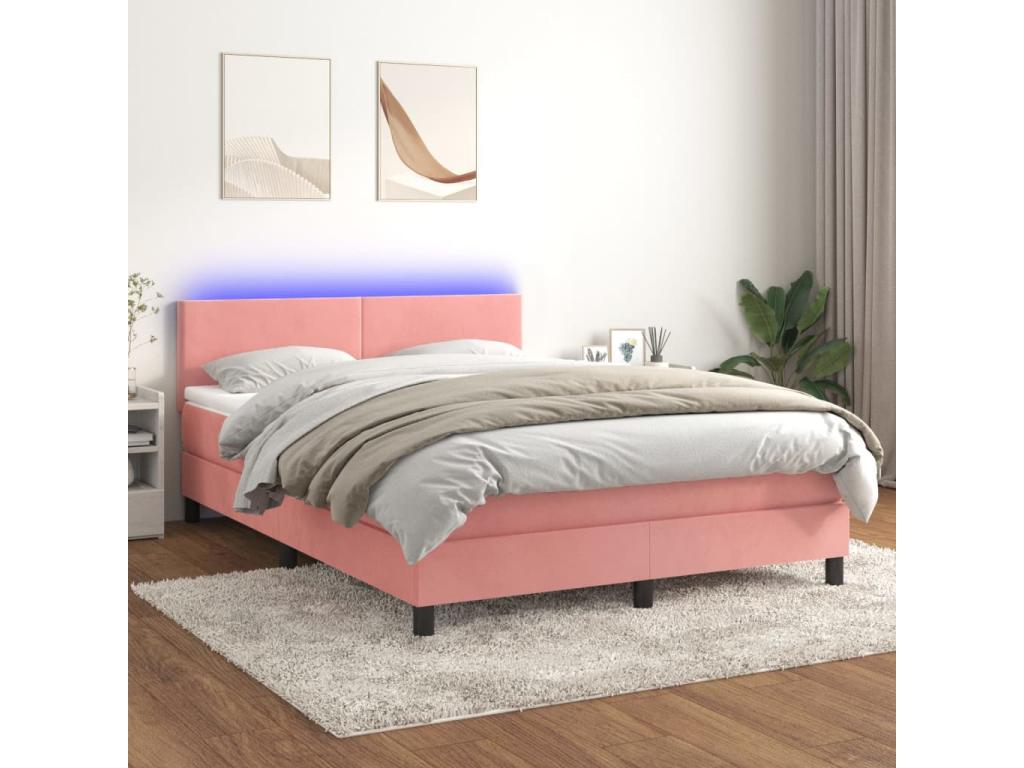 Sommier tapissier avec matelas et LED Rose 140x190 cm Velours GGJP72027