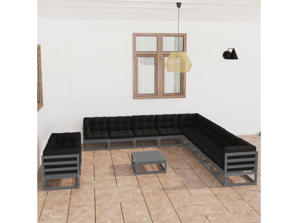 Salon de jardin 12 pièces avec coussins Gris Bois de pin massif CPRG02169