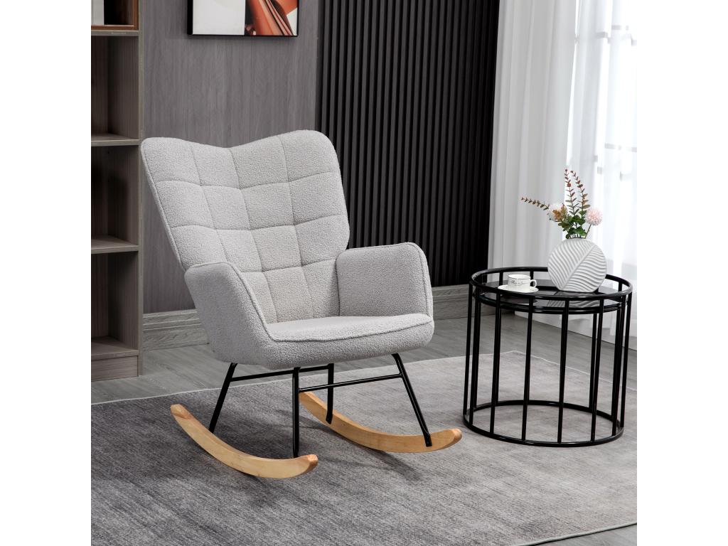 Fauteuil à bascule rocking chair design - structure acier piètement bois tissu effet laine bouclé gris FPXV29338