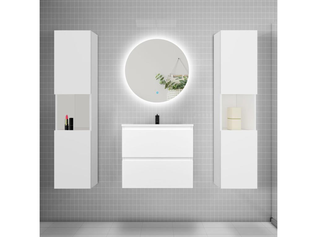 Ensemble meuble vasque L.60cm 2 tiroirs lavabo colonne LED miroir rond 60cm blanc TUCH14952