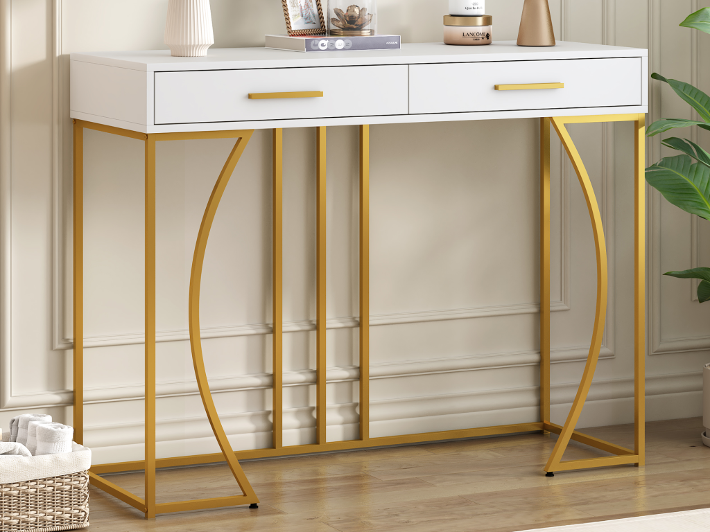 Console avec 2 tiroir - Pièds en métal doré - Blanc - Artigeo VODA28596