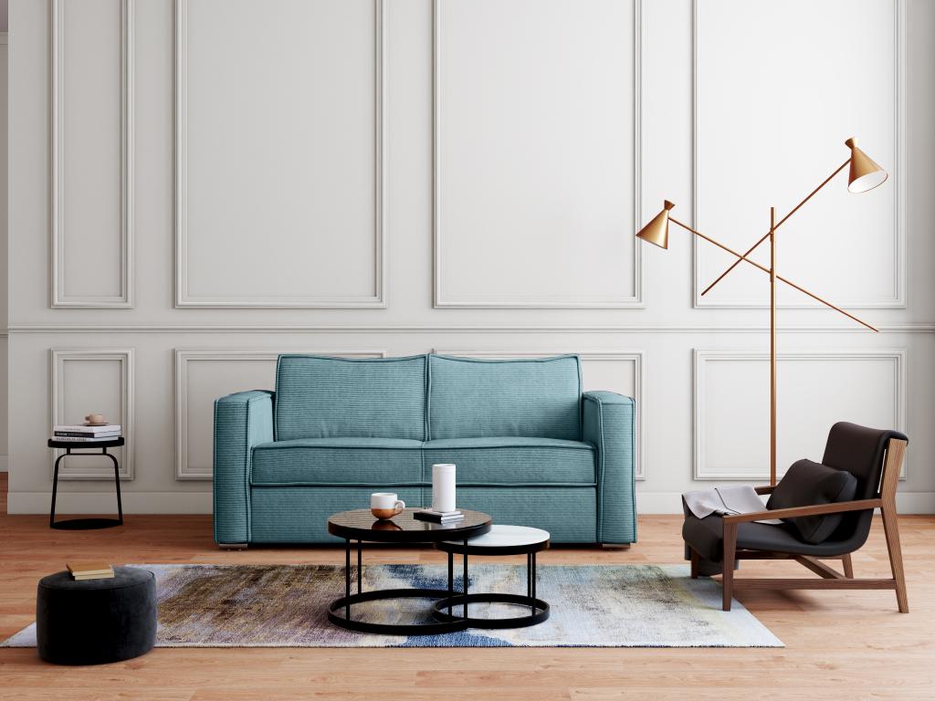 Canapé 4 places convertible express en velours côtelé bleu turquoise - Couchage à Artigeo larges 160 cm - Matelas 22 cm Artigeo CMBW76981