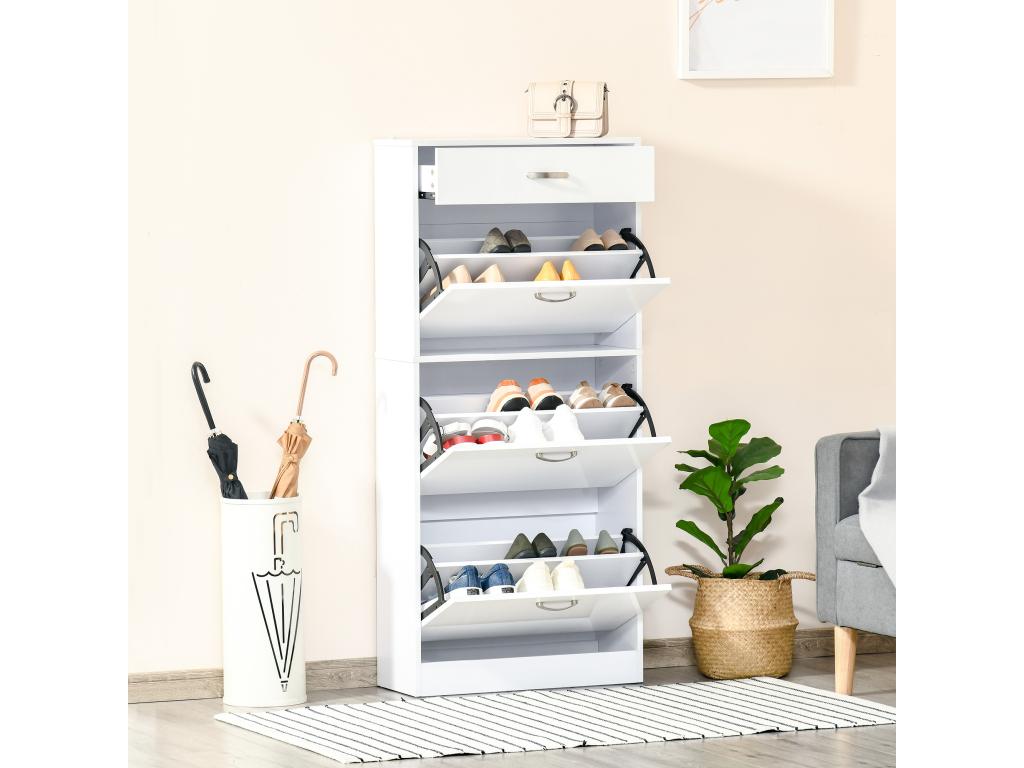 Meuble à chaussures - 3 portes abattantes et tiroir coulissant - dim- 62L x 24l x 135H cm - poignées alu- panneaux particules blanc DQRU69147