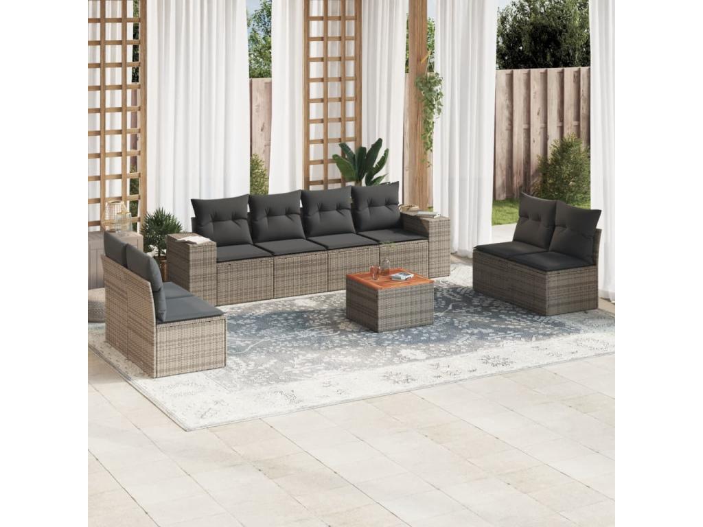 Salon de jardin 9 pcs avec coussins gris résine tressée LGIC29409