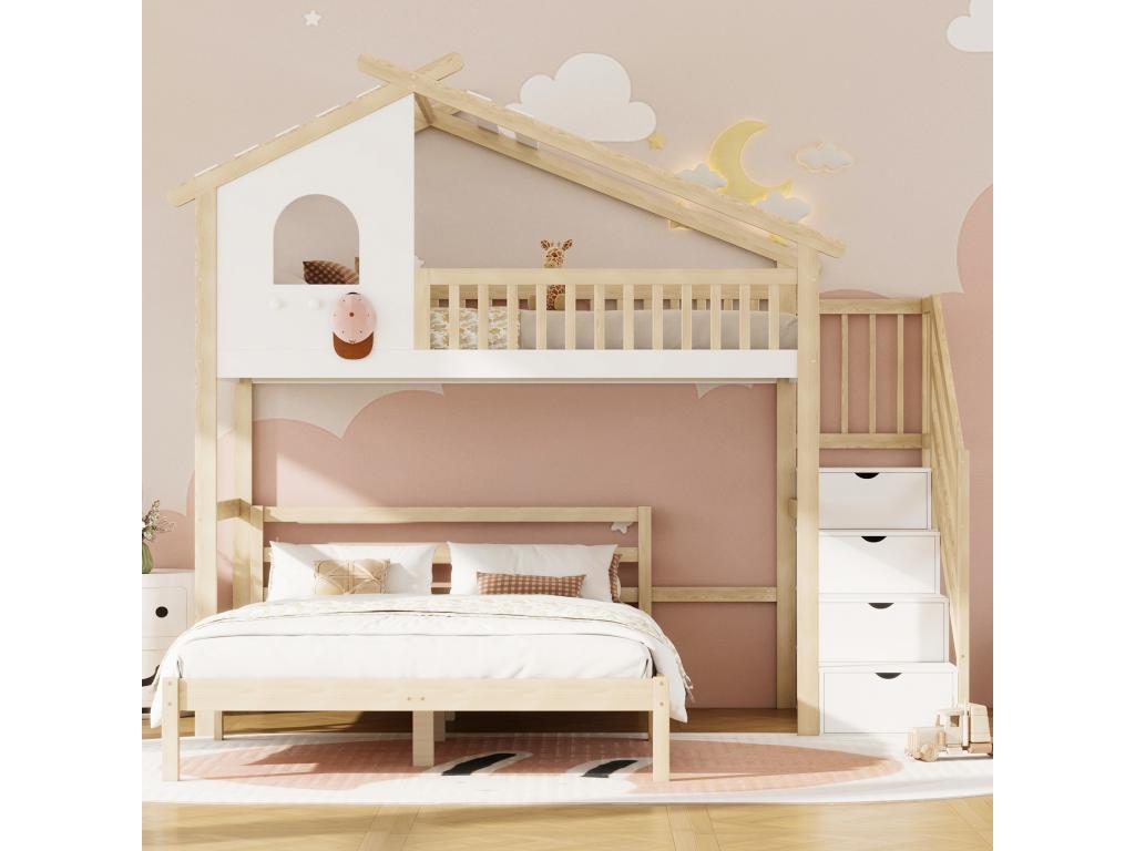 Lits superposés 140x200 cm 90x200 cm avec 4 tiroirs et fenêtre - Pin MDF - Coloris bois naturel et blanc AQMB39785