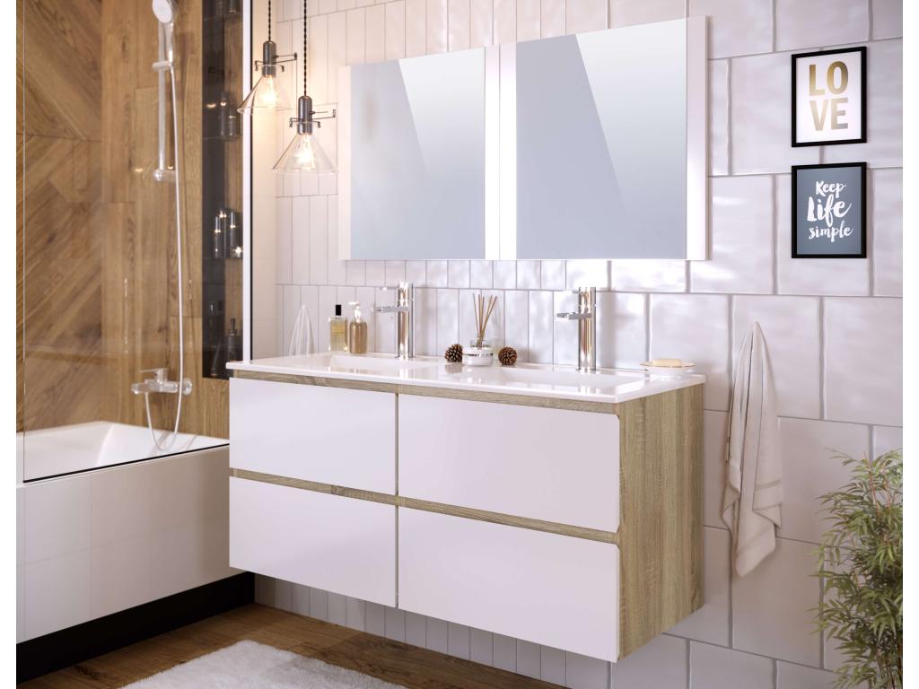 Meuble de salle de bain Artigeo 4 tiroirs 120 cm chêne et blanc T-Artigeo Inclus lavabo et miroir NRTT73209