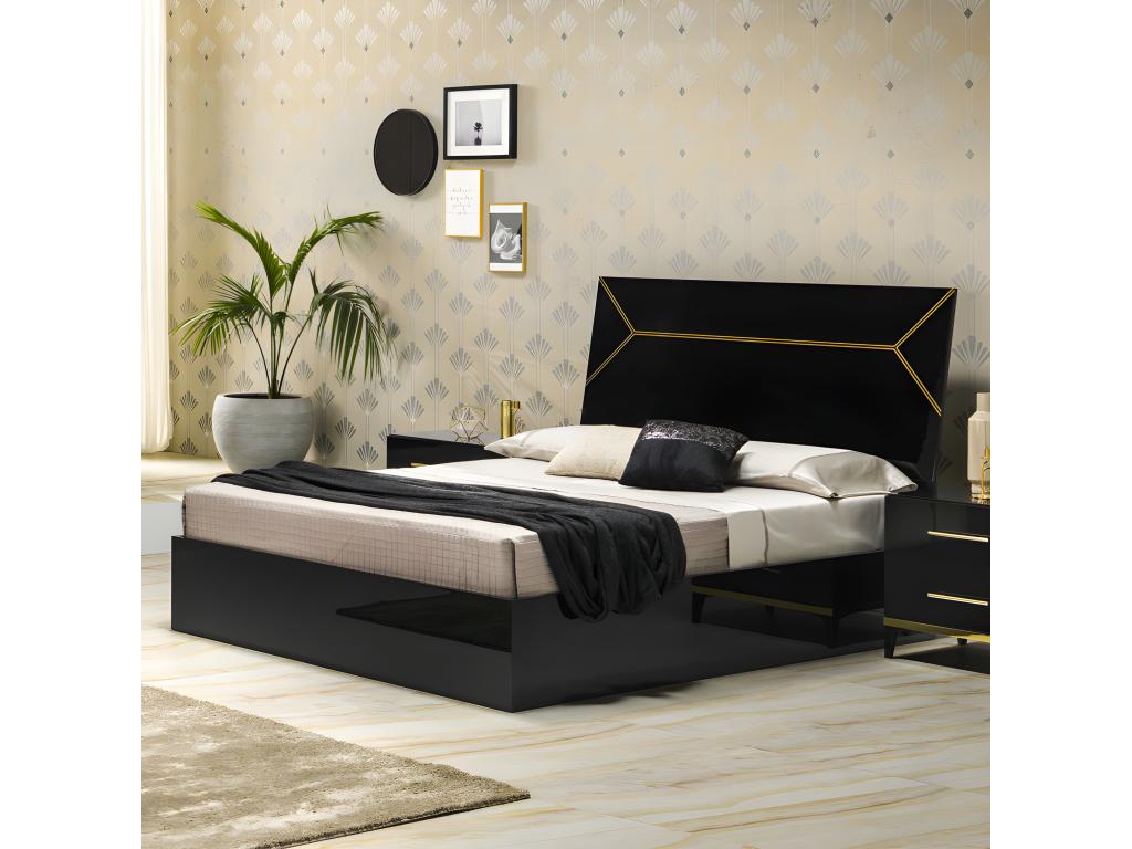 Cadre de lit Tête de lit 140x190 Noir brillant/Or - Artigeo - L 142 x l 190 x H 124 cm ENTO18593