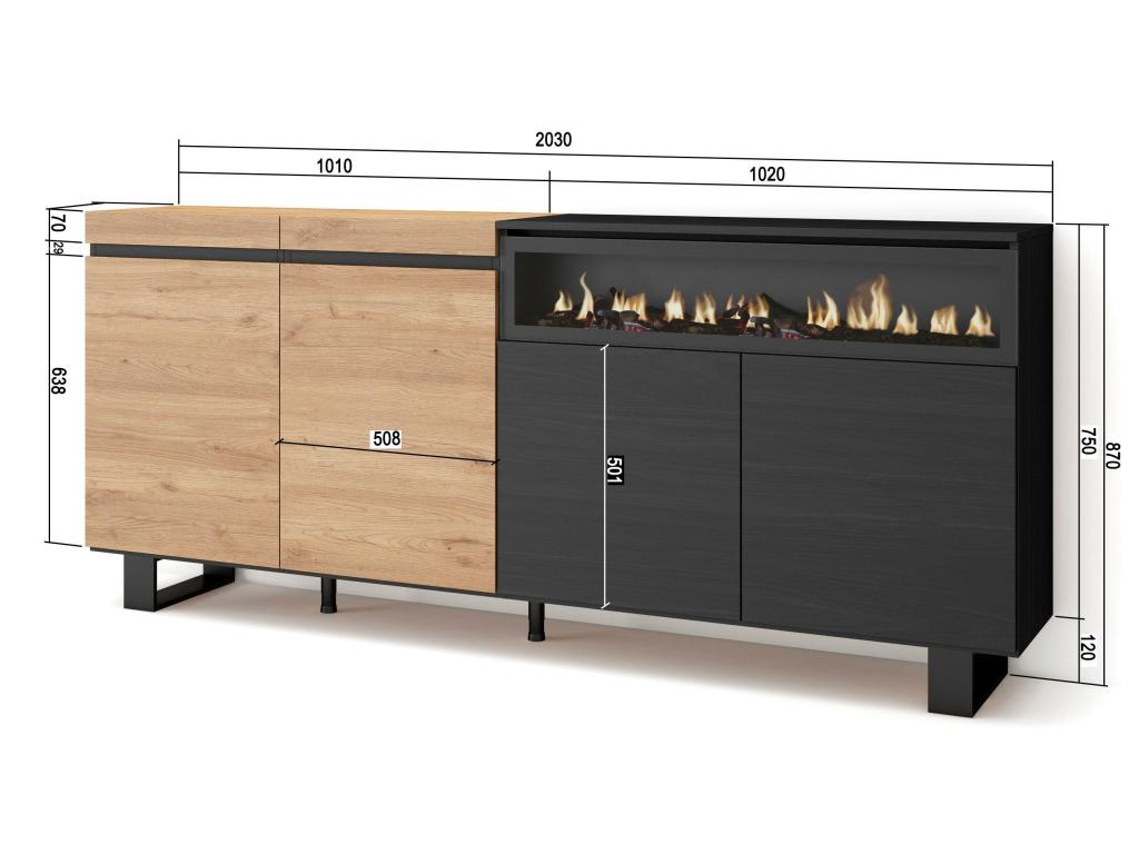 Buffet salon et cuisine 200x87x35cm Cheminée électrique Design industriel Chêne et noir AYXZ71254