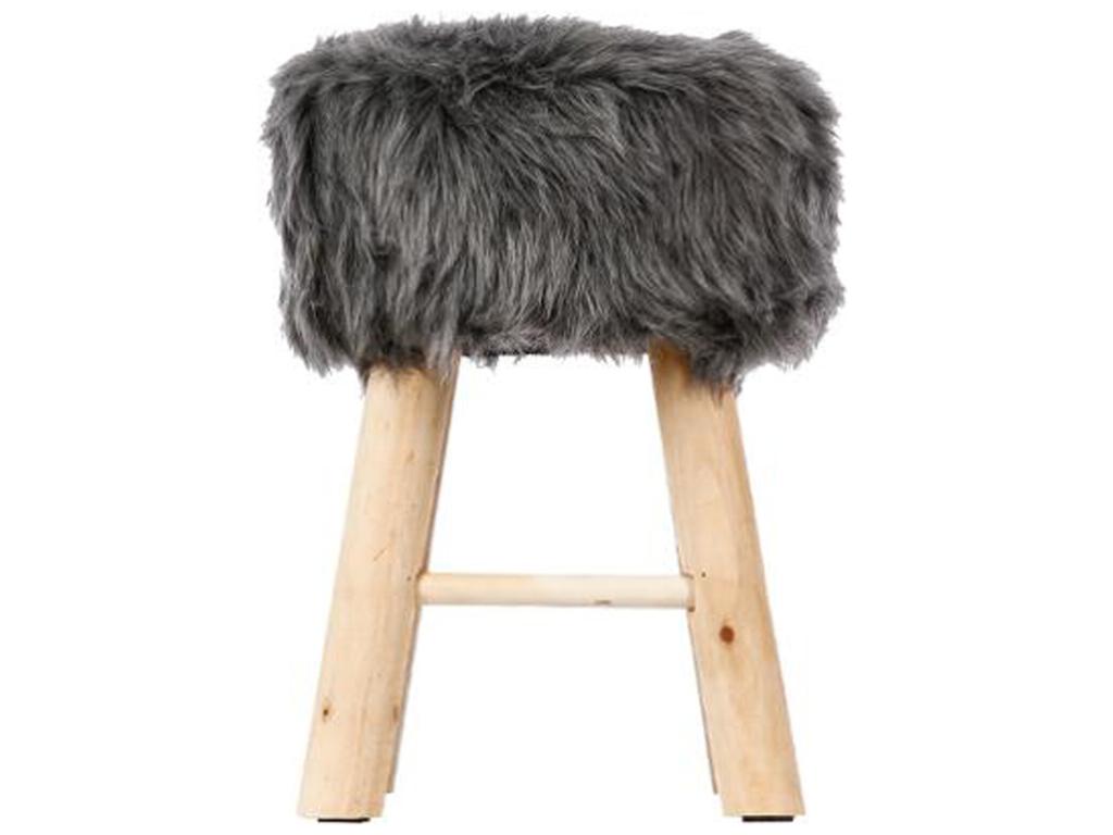 Tabouret en pin et polyester imitation fourrure grise - Dim L.30 x l.30 x H.42 cm DPAQ54051